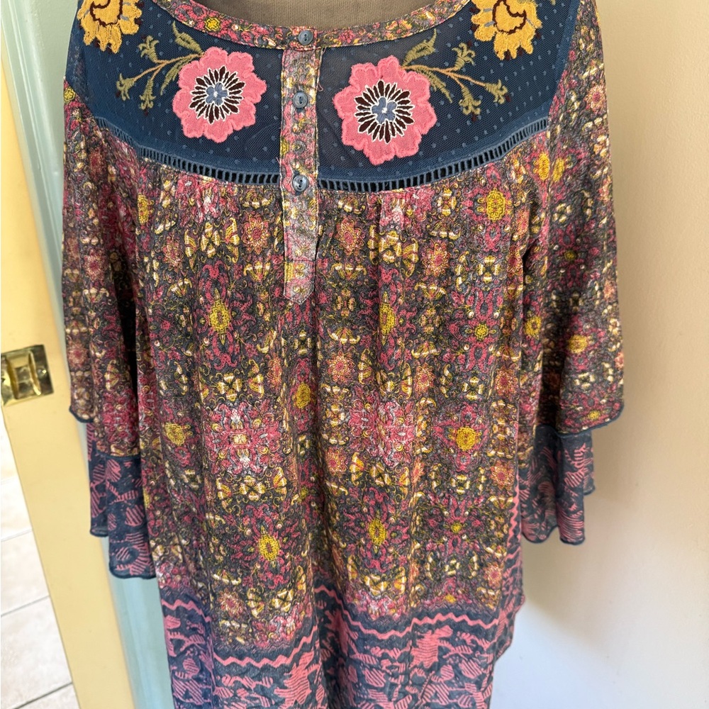 Floral Bohemian Blouse with Pink and Yellow Accents